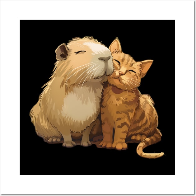 Capybara and Cat Best Friends Cuddling Wall Art by Vlaa